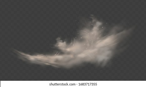 Dusty cloud. Smoke with sand, stones and flying dirty, soil dust particles isolated on transparent background. Air pollution concept. Realistic vector illustration