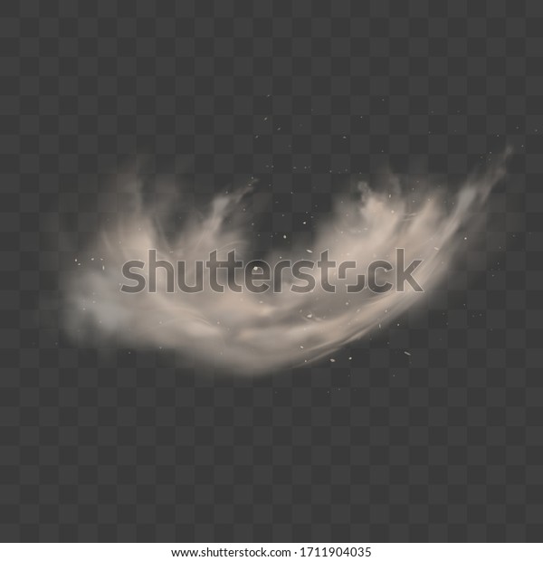 Dusty cloud. Smoke\
with sand, stones and flying dirty, soil dust particles isolated on\
transparent background. Air pollution concept. Realistic vector\
illustration