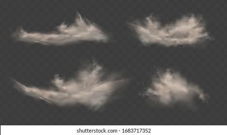 Dusty clouds set. Smoke with sand, stones and flying dirty, soil dust particles isolated on transparent background. Air pollution concept. Realistic vector illustration