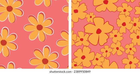 dusty orange flowers on pink background seamless pattern set. summer floral background illustration	