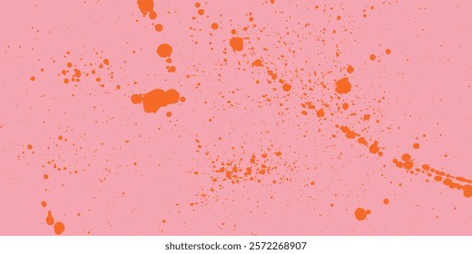 Dusty pastel pink background with retro halftone effect, orange ink stains, paint splashes and grunge drip texture