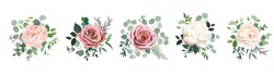 Stoffige Roze Blush, Witte En Romige Rozenbloemen Vector Ontwerp Bruidsboeketten. Eucalyptus, Groen. Bloemen Pastel Aquarel Stijl. Bloeiende Lente-bloemenkaart. Elementen Zijn Geïsoleerd En Bewerkbaar