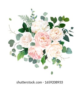 Dusty pink blush, white and creamy rose flowers vector design wedding bouquet. Eucalyptus, greenery. Floral pastel watercolor style. Blooming spring floral card. Elements are isolated and editable