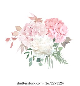 Dusty pink blush, white and creamy hydrangea, peony flowers vector design wedding bouquet. Eucalyptus, greenery. Floral pastel watercolor style.Blooming floral card. Elements are isolated and editable