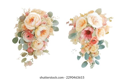 Dusty pink blush, white and creamy rose flowers vector design wedding bouquets. Eucalyptus, greenery. Floral pastel watercolor style. Blooming spring floral card. Elements are isolated and editable