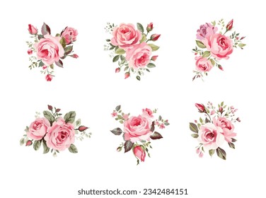 Flores rosadas, blancas y cremosas flores rosadas diseño vectorial ramos de bodas. Eucalipto, vegetación. Estilo acuático pastel y florido. Tarjeta floral de primavera floreciente. Los elementos están aislados y se pueden editar