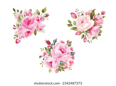 Flores rosadas, blancas y cremosas flores rosadas diseño vectorial ramos de bodas. Eucalipto, vegetación. Estilo acuático pastel y florido. Tarjeta floral de primavera floreciente. Los elementos están aislados y se pueden editar