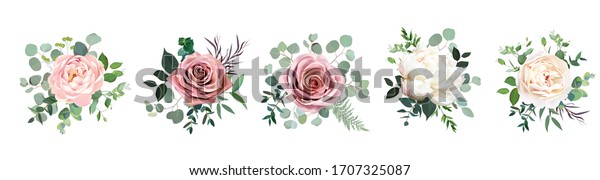 Dusty pink blush, white and creamy rose flowers\
vector design wedding bouquets. Eucalyptus, greenery. Floral pastel\
watercolor style. Blooming spring floral card. Elements are\
isolated and editable