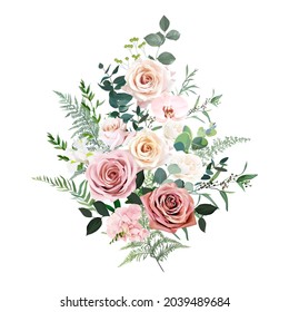 Dusty pink and cream rose, hydrangea flower, orchid, ranunculus vector design wedding bouquet. Eucalyptus, greenery. Floral pastel watercolor style. Spring bouquet. Elements are isolated and editable