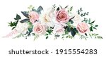 Dusty pink and cream rose, peony, hydrangea flower, tropical leaves vector garland wedding bouquet.Eucalyptus, greenery.Floral pastel watercolor style.Spring bouquet.Elements are isolated and editable
