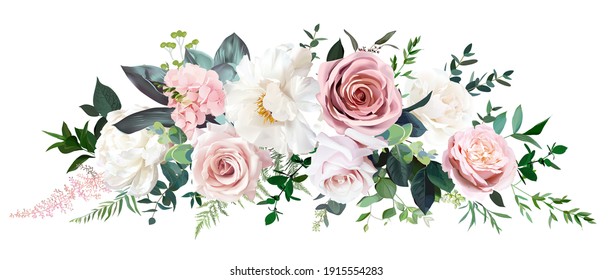 Dusty pink and cream rose, peony, hydrangea flower, tropical leaves vector garland wedding bouquet.Eucalyptus, greenery.Floral pastel watercolor style.Spring bouquet.Elements are isolated and editable