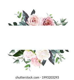 Dusty pink and cream rose, peony, hydrangea flower, tropical leaves vector design wedding banner. Eucalyptus, greenery. Floral pastel watercolor style. Spring card. Elements are isolated and editable