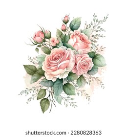 Dusty pink and cream rose, peony, hydrangea flower, tropical leaves vector garland wedding bouquet. Floral pastel watercolor style.Spring bouquet.Elements are isolated and editable