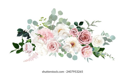 Rosa rosa y crema, peonía, flor de horangea, hojas tropicales vectoriales ramo de bodas.Eucaliptos, vegetación.Estilo acuático pastel floral.Buquete de primavera.Elementos aislados y comestibles