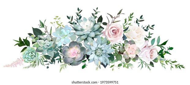 Dusty pink and cream rose, various echeveria succulents, tropical leaves garland wedding bouquet. Eucalyptus, greenery. Floral pastel watercolor style.Spring bouquet.Elements are isolated and editable