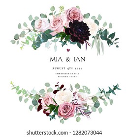 Dusty pink, creamy and mauve antique rose, pale flowers vector design wedding bouquets. Eucalyptus, dark burgundy dahlia, greenery. Floral pastel style border.All elements are isolated and editable