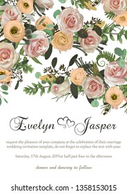 Dusty pink, creamy white antique rose, pale flowers vector design wedding frame. Flowers, eustoma, brunia, fern, rose, eucalyptus, branches. Floral pastel watercolor style border.Eements are isolated 