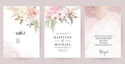 Dusty Pink And Ivory Beige Rose, Pale Hydrangea, Fern, Dahlia, Ranunculus, Fall Leaf Bunch Of Flowers Invitation Card. Floral Pastel Watercolor Style Wedding Frame. Bronze Gold. Isolated And Editable