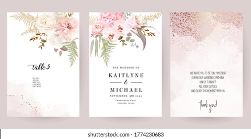 Dusty pink and ivory beige rose, pale hydrangea, fern, dahlia, ranunculus, fall leaf bunch of flowers invitation card. Floral pastel watercolor style wedding frame. Bronze gold. Isolated and editable