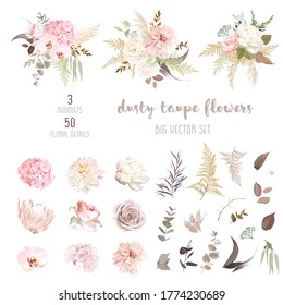 Dusty pink and ivory beige rose, pale hydrangea, peony flower, fern, dahlia, ranunculus, protea, fall leaf big vector collection. Floral pastel watercolor style wedding  bouquet. Isolated and editable