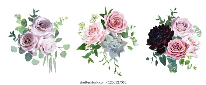 Dusty pink and mauve antique rose, pale flowers vector design wedding bouquets. Eucalyptus, dark burgundy dahlia, succulent, greenery. Floral pastel style border.All elements are isolated and editable