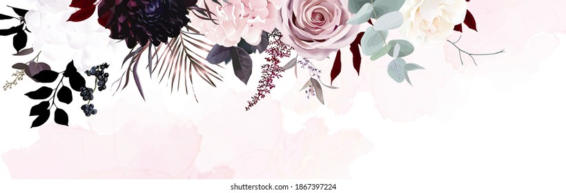 rosafarbene, pastellfarbene, schwarze Blumen Vektorgrafik Aquarellrahmen. Hydrangea, Rose, Dahlien, schwarze Beere, tropische Vegetation. Boho chic.Floral dunkle Hochzeit Stil.Elemente sind einzeln und editierbar