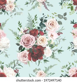 Dusty pink and red rose, burgundy peony, orchid, hydrangea flowers, sage eucalyptus, fern, greenery vector design seamless pattern. Summer floral bloom wedding print.Elements are isolated and editable