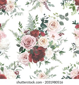 Dusty pink and red rose, burgundy peony, orchid, hydrangea flowers, sage eucalyptus, fern, greenery vector design seamless pattern. Summer floral bloom wedding print.Elements are isolated and editable