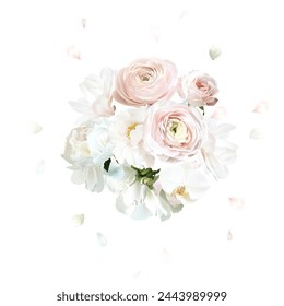 Dusty pink rose, blush ranunculus, white magnolia, peony vector design mono flowers bouquet. Flying petals. Wedding floral. Summer blooms watercolor composition. All elements are isolated and editable