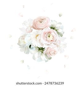 Dusty pink rose, blush ranunculus, white magnolia, peony vector design mono flowers bouquet. Flying petals. Wedding floral. Summer blooms watercolor composition. All elements are isolated and editable