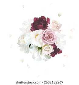 Dusty pink rose, blush ranunculus, white magnolia, peony vector design mono flowers bouquet. Flying petals. Wedding floral. Summer blooms watercolor composition. All elements are isolated and editable