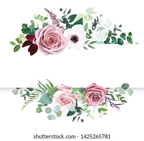 Rosa rosa polvoriento, flores pálidas, carteles de diseño horizontal de vector anémico blanco. Eucalipto, tarjeta verde esmeralda y burdeos. Borde de color pastel floral. Aislado y editable