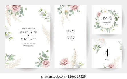 Dusty pink rose, white lisianthus, orchid, magnolia, eucalyptus, greenery, pampas grass, fern vector design frames. Wedding seasonal flower cards. Floral watercolor composition. Isolated and editable