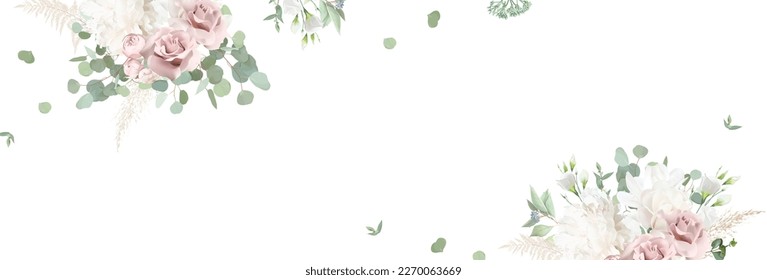 Dusty pink rose, white lisianthus, peony, magnolia, eucalyptus, greenery, pampas grass, fern vector design banner. Wedding seasonal flower card. Floral watercolor composition. Isolated and editable
