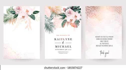 Dusty pink rose, white orchid, paradise plants, emerald green monstera and dried palm leaves cards. Stylish exotic frames. Sunset light. Wedding watercolor design. Elements are isolated and editable