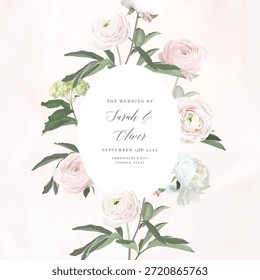 Dusty pink and white flowers vector round frame. Blush pink ranunculus, eucalyptus. Wedding spring floral. Pastel watercolor marbled background with round arch. All elements are isolated and editable