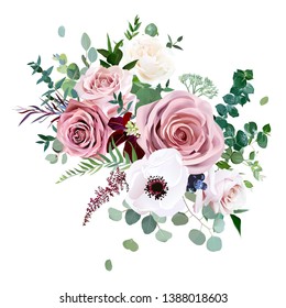 Dusty pink,creamy white antique rose, anemone,pale flowers vector design wedding bouquet.Eucalyptus, burgundy agonis,astilbe, greenery.Floral pastel watercolor style.Elements are isolated and editable