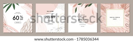 Dusty rose abstract square art templates with floral and geometric elements. Suitable for social media posts, mobile apps, banners design and web/internet ads. Vector fashion backgrounds. 