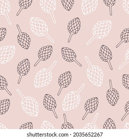 Dusty rose color pattern, doodle floral vector texture, rose color seamless pattern in hand-drawn style, texture with floral elements, pattern with cones