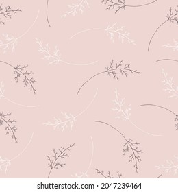 Dusty rose color pattern, doodle floral vector texture, pattern with spikelets, rose color seamless pattern in hand-drawn style, texture with floral elements