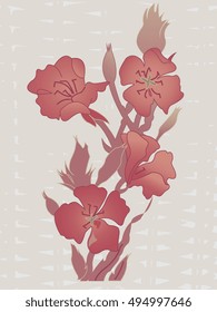 Dusty rose colored flowers, vines and buds on wicker texture background