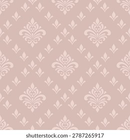 Dusty rose damask seamless pattern background with geometric diamond lattice and vintage floral ornaments in soft dusty rose pink hues.