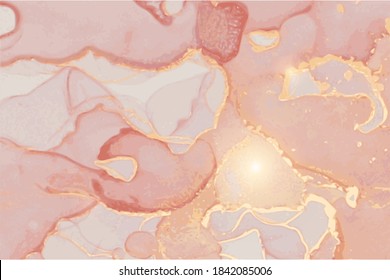 Dusty rose and gold stone marble quartz texture. Alcohol ink technique abstract vector background. Modern luxury paint with glitter. Template for banner, poster design. Fluid art painting