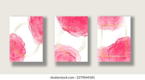 Dusty rose and golden marble geode frame. Blush pink watercolor fluid painting vector design card for wedding invitation. Alcohol ink. Isolated and Editable