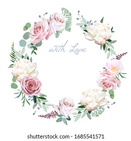 Dusty rose, peony, camellia, greenery selection vector design round invitation frame. Wedding greenery. Pink, blue, green tones. Watercolor save the date card.Summer rustic style.Isolated and editable