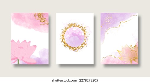 Dusty rose  purple   golden frame witj lotus flower  Blush pink watercolor vector design card for wedding invitation  Isolated   Editable