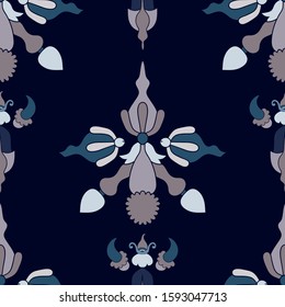 Dusty rose and teal medieval element seamless pattern on dark blue background