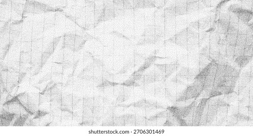 Staubiger strukturierter Hintergrund mit zerrissenem Blatt zerknittertem Gitterpapier, gesprenkeltem, körnigem Halbton, weichen Papierfalten, verstreutem Staubkorn und unebener Retrooberfläche.