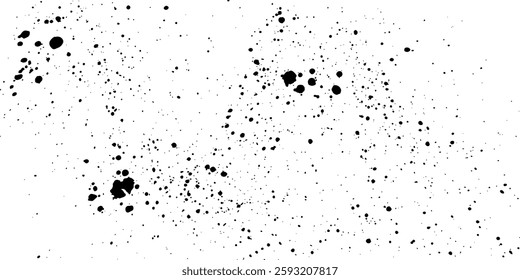 Dusty textured white background with noisy halftone dots, black spray paint splashes, ink spots, bold grunge overlay in retro style