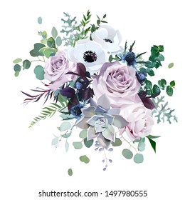 Dusty violet lavender, mauve antique rose, purple pale flowers,brunia, white anemone, succulent vector design wedding bouquet. Eucalyptus, greenery.Floral pastel watercolor style.Isolated and editable
